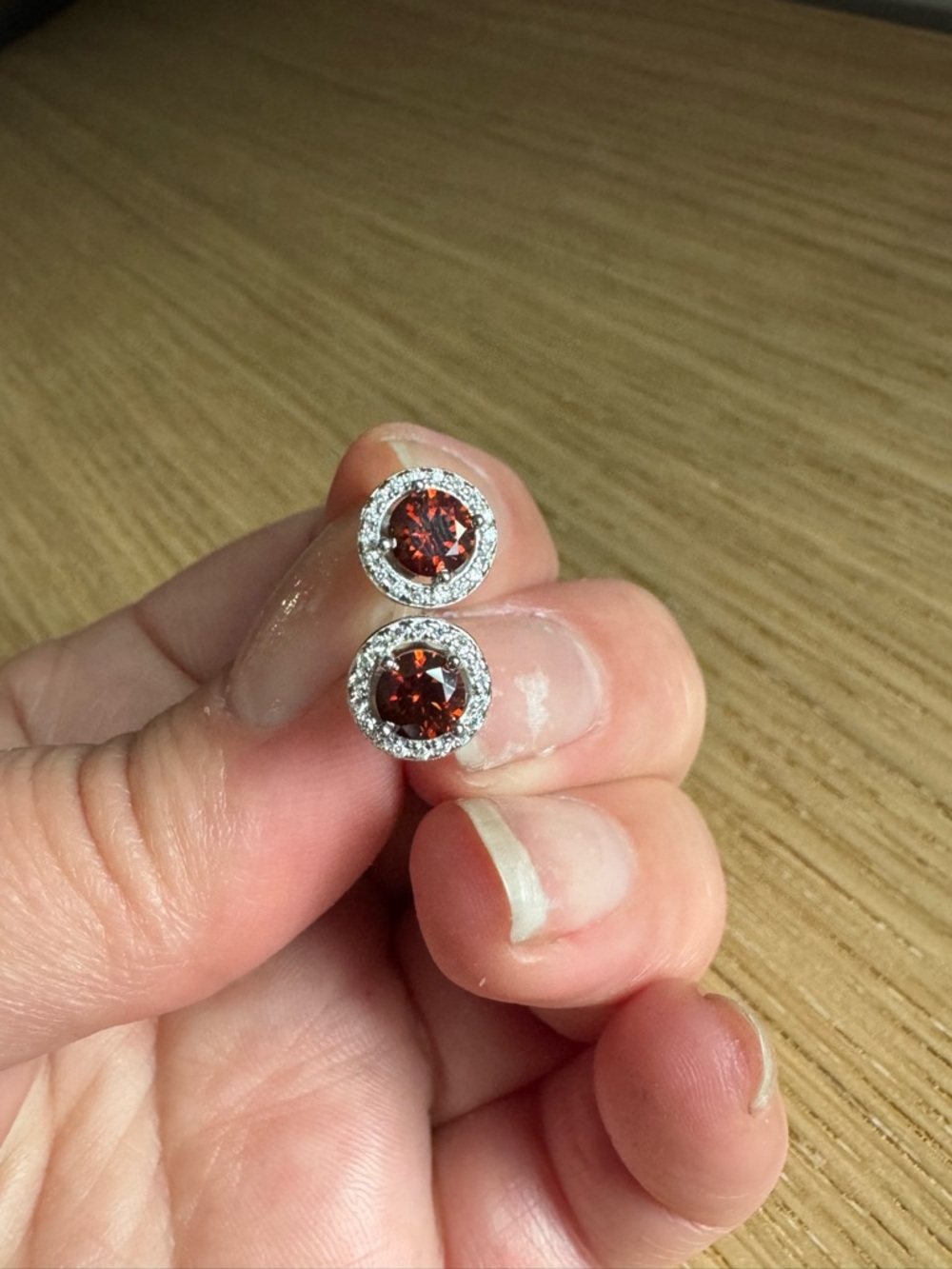 Moissanite Round Garnet Red Halo Stud Earrings - Women Jewelry
